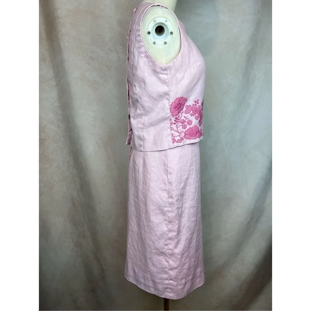 Vintage 1960s Linen Skirt Set Baby Pink Embroidered Susan Thomas Size Small/MD